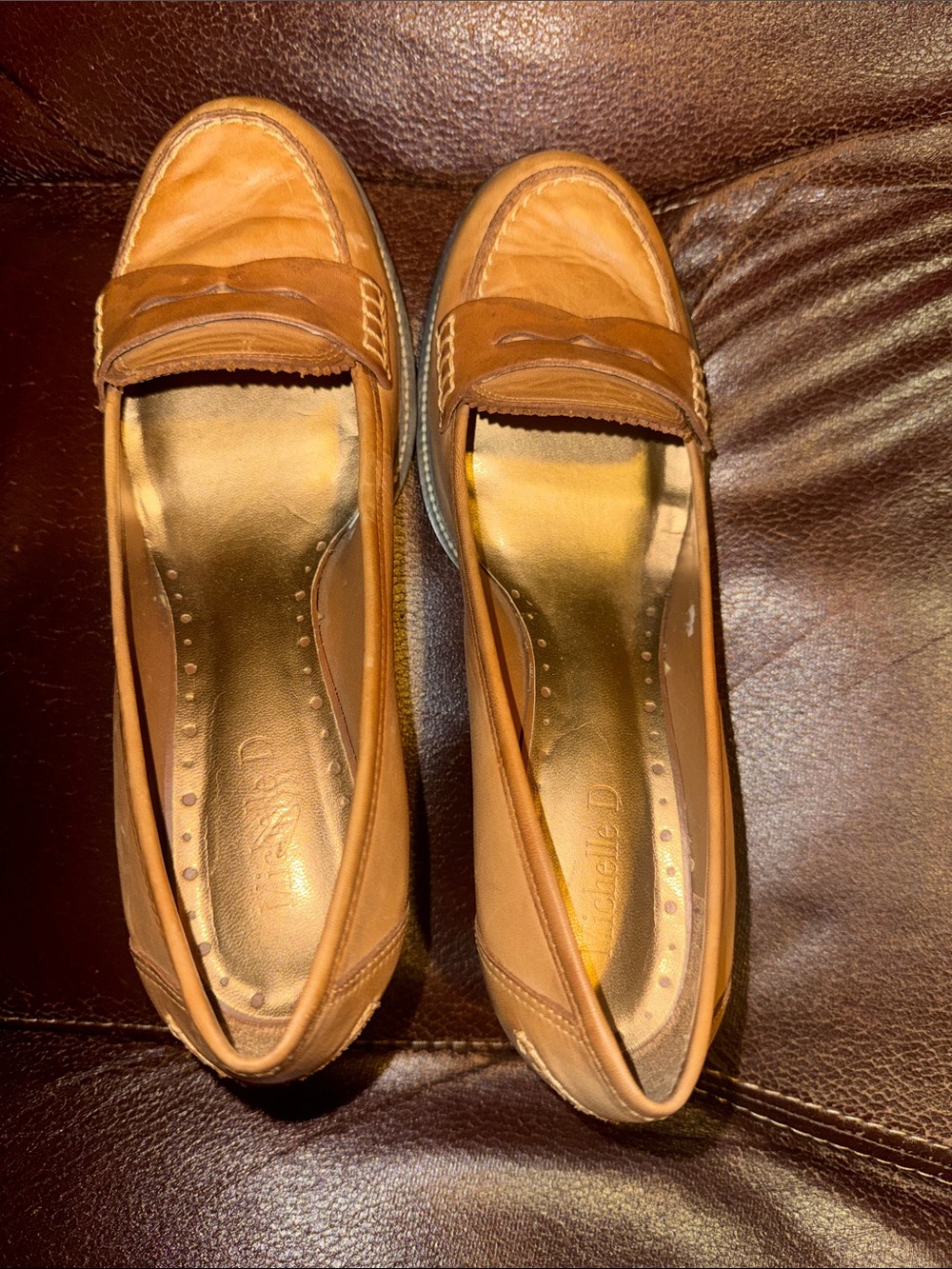 Michelle D Tan Leather Penny Loafers